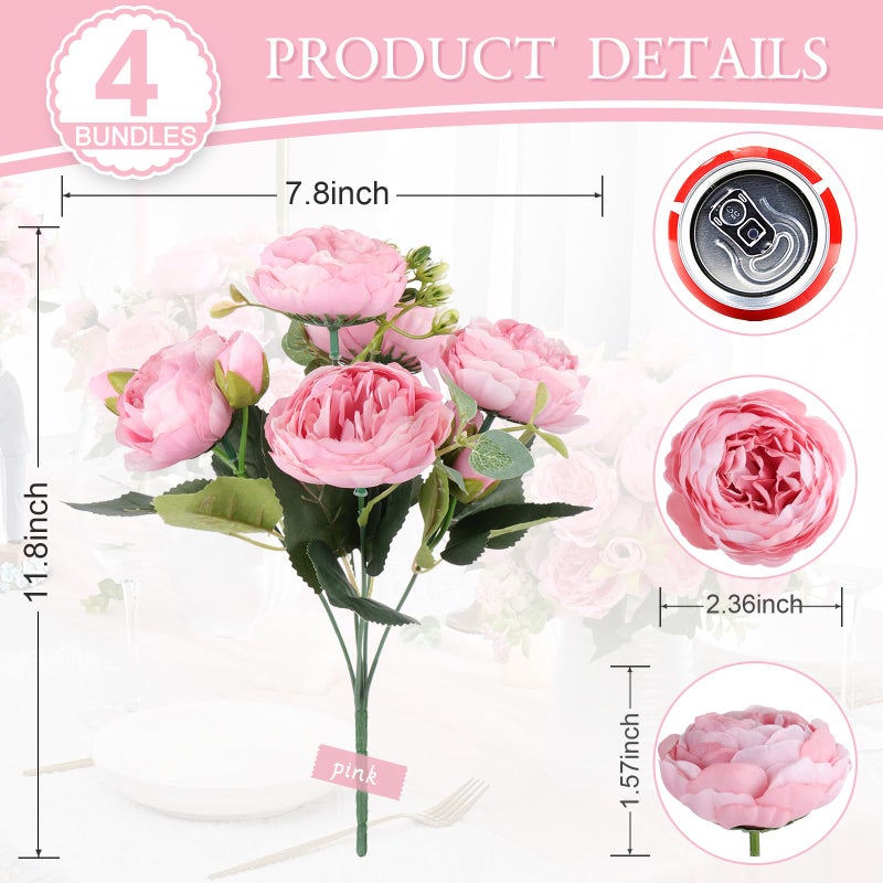 DEEMEI Artificial Peony Flower Silk Peonies Bouquet 4 Bundles Fake Flowers Bulk for Home Wedding Party Decor (Pink) - Image 4
